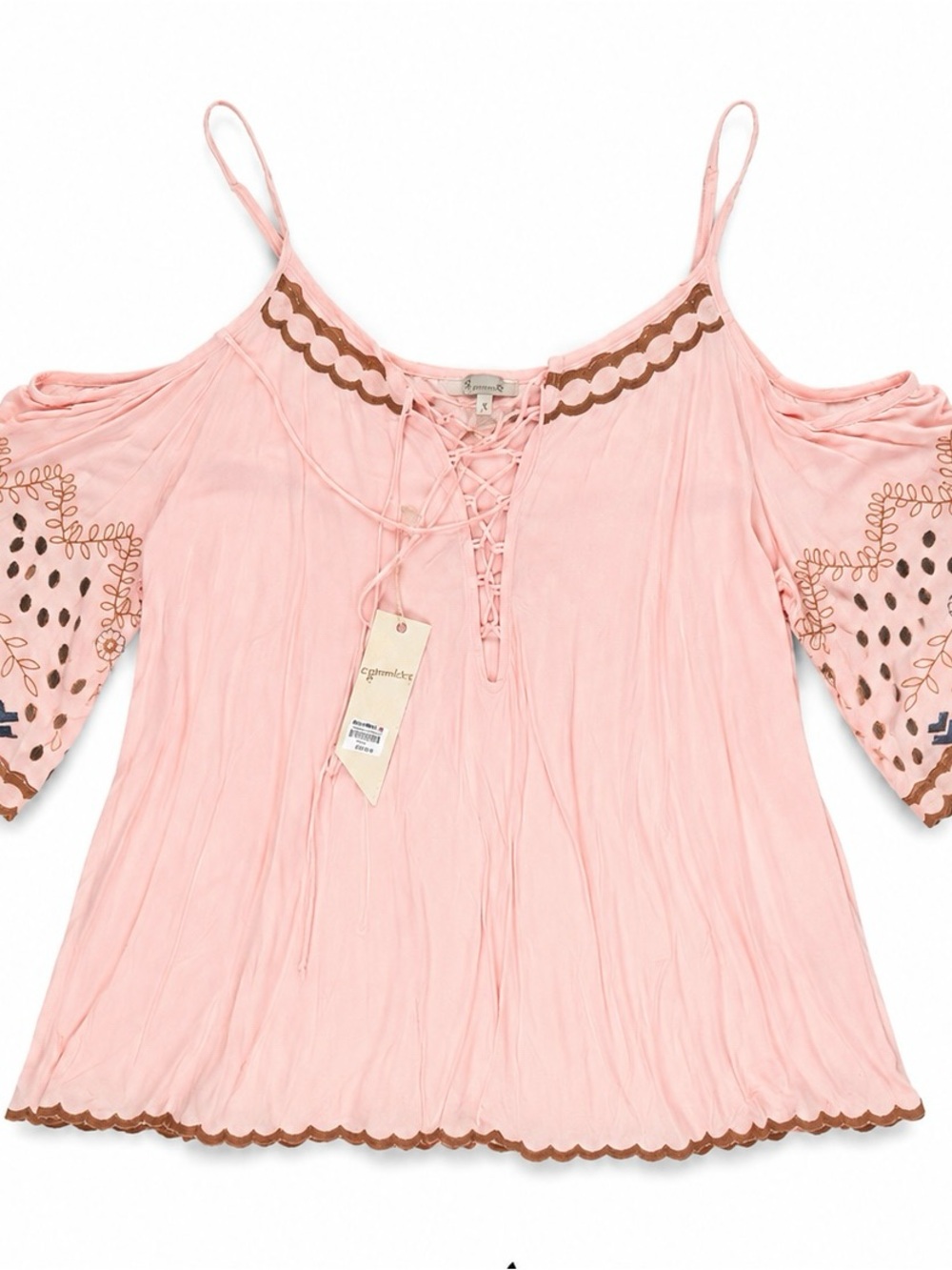gimmicks by BKE Pink Cold-Shoulder Lace-Up Blouse with Embroidered Sleeves
